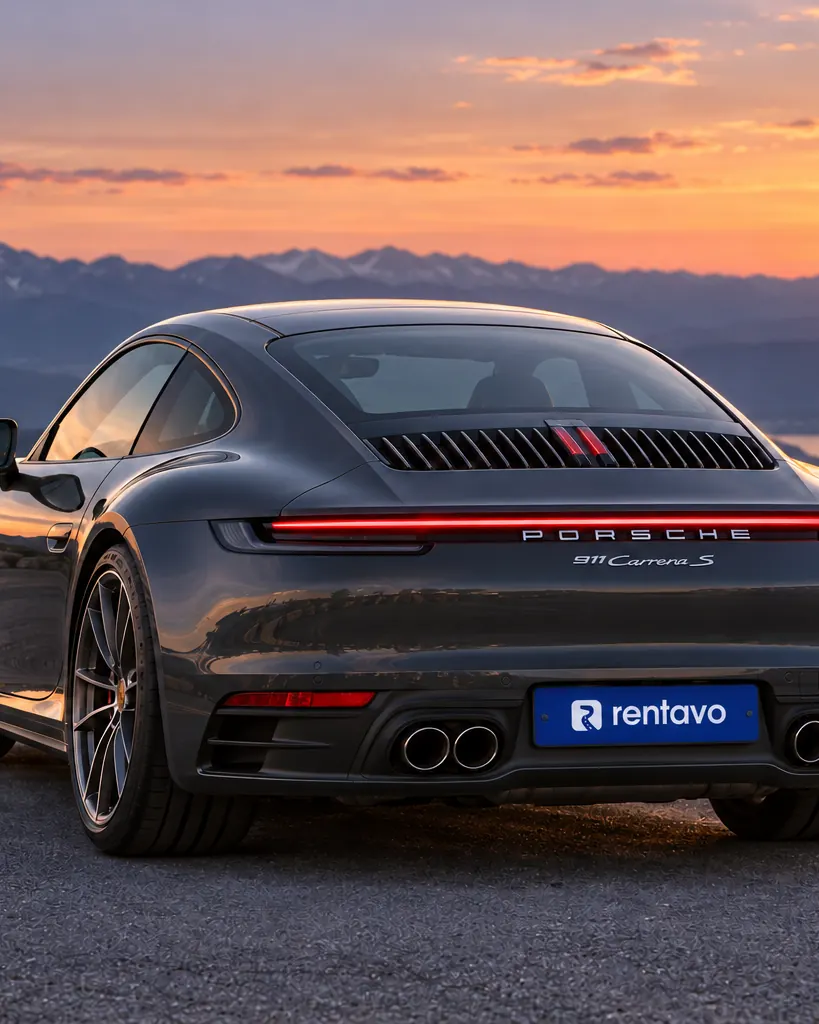 Grafitový Porsche 911 pri západe slnka nad horami